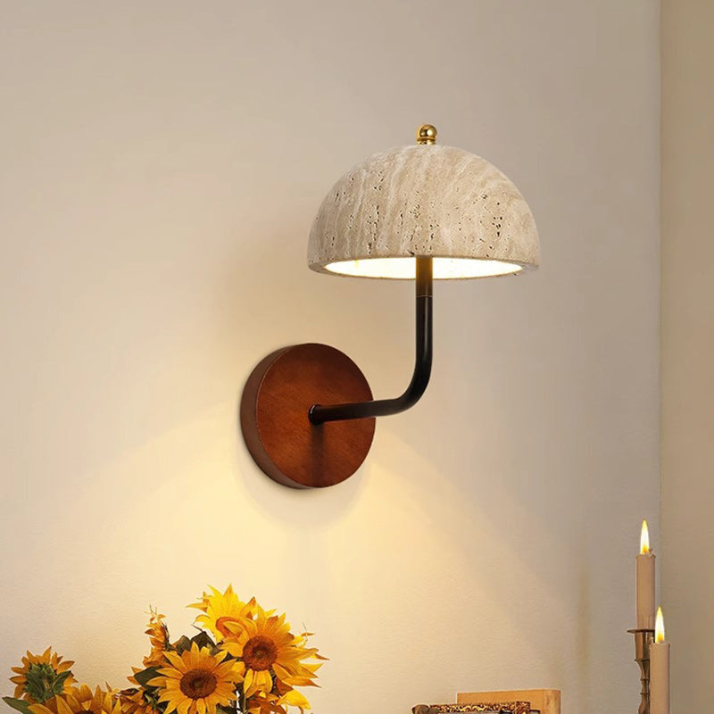 Contemporary Nordic Round Wood Iron Stone 1-Light Wall Sconce Lamp For Living Room