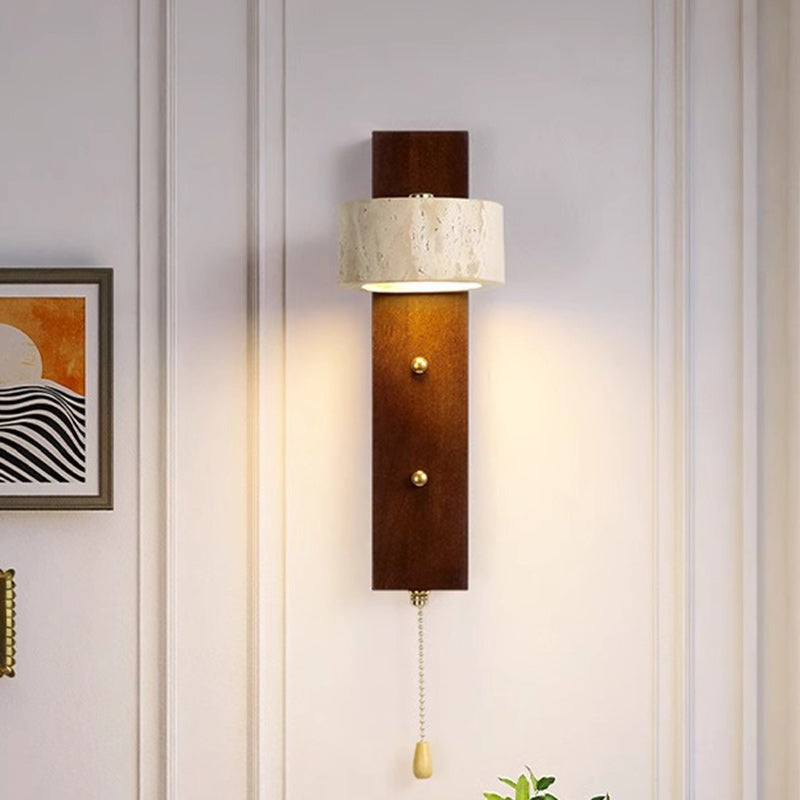 Contemporary Nordic Round Wood Iron Stone 1-Light Wall Sconce Lamp For Living Room
