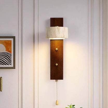 Contemporary Nordic Round Wood Iron Stone 1-Light Wall Sconce Lamp For Living Room