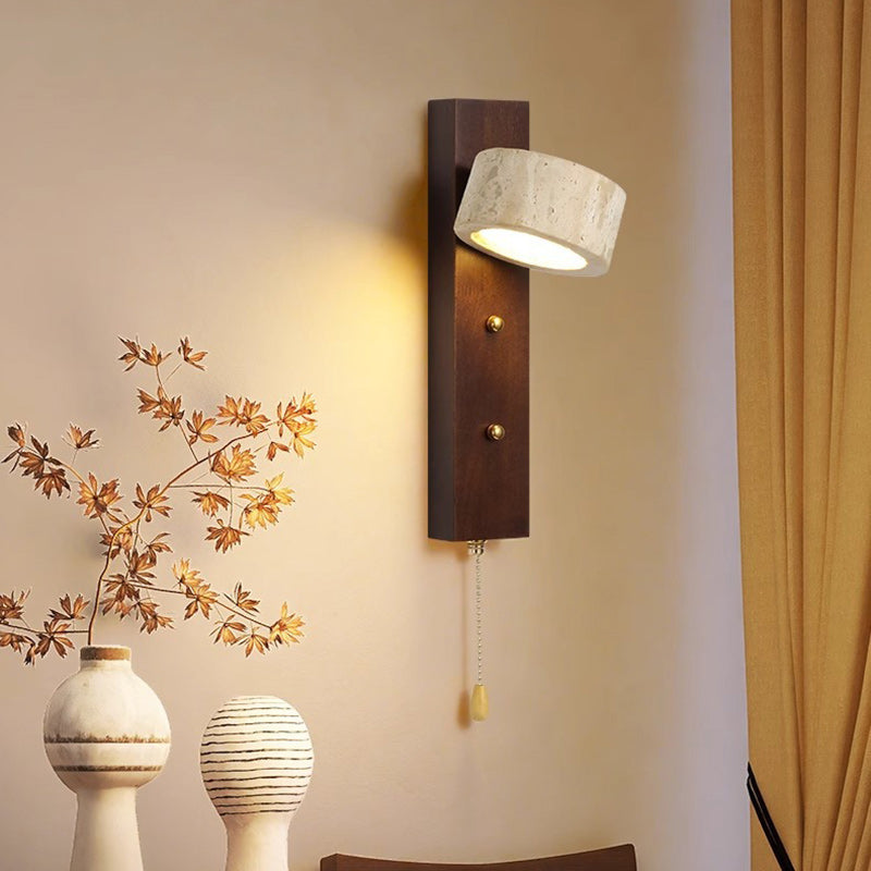 Contemporary Nordic Round Wood Iron Stone 1-Light Wall Sconce Lamp For Living Room