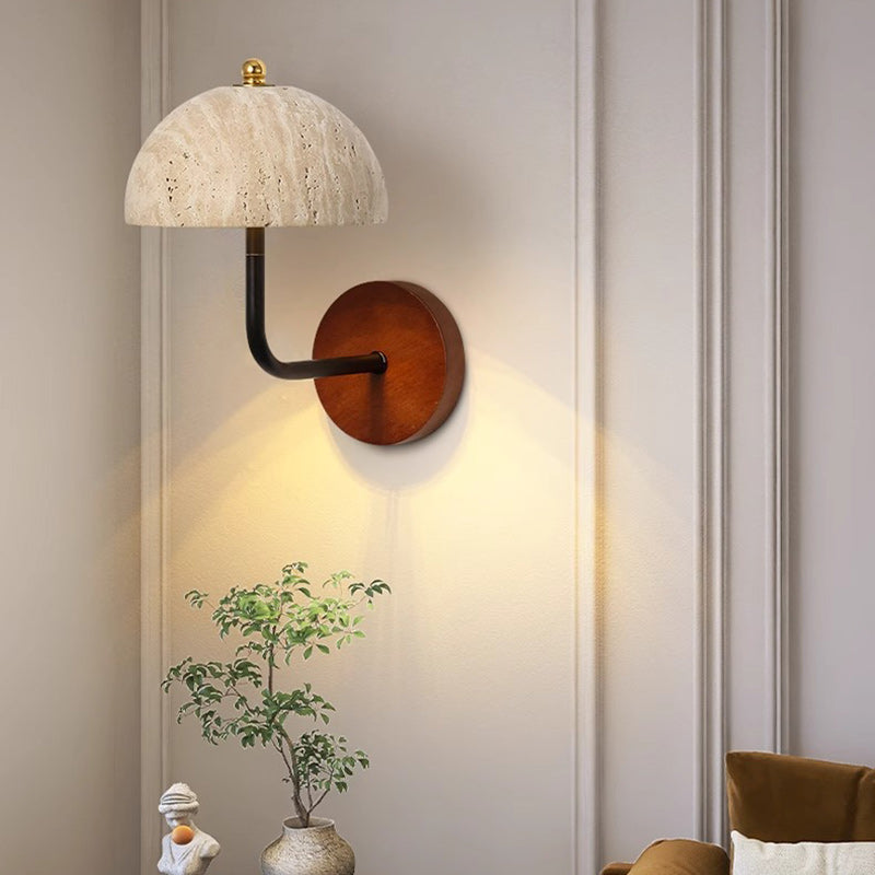 Contemporary Nordic Round Wood Iron Stone 1-Light Wall Sconce Lamp For Living Room