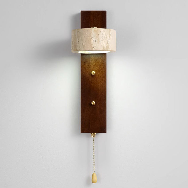 Contemporary Nordic Round Wood Iron Stone 1-Light Wall Sconce Lamp For Living Room