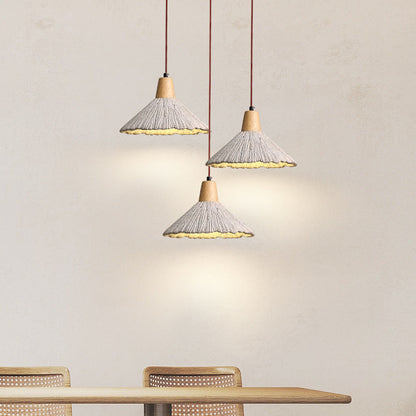 Traditional Japanese Cone Wood Cement 1-Light Pendant Light For Living Room