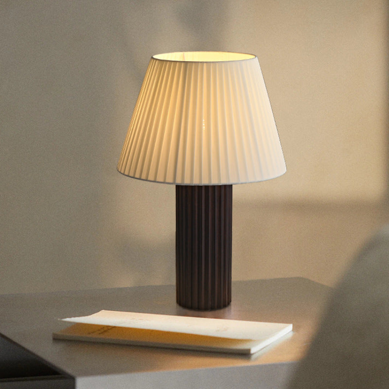 Traditional Japanese Drum Wood Fabric 1-Light Table Lamp For Living Room