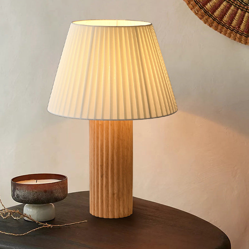 Traditional Japanese Drum Wood Fabric 1-Light Table Lamp For Living Room