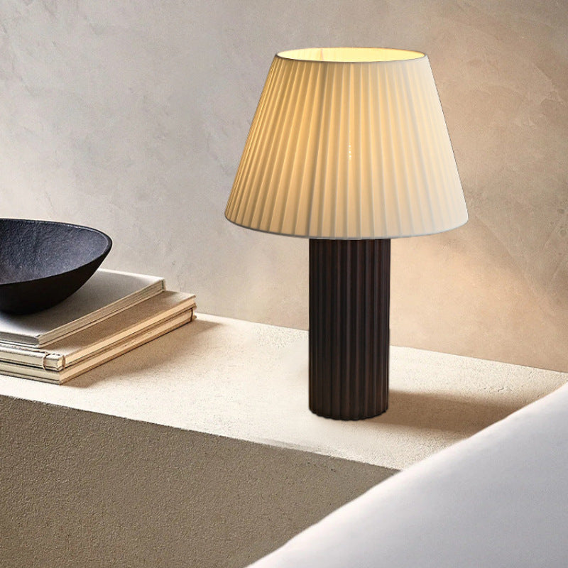 Traditional Japanese Drum Wood Fabric 1-Light Table Lamp For Living Room