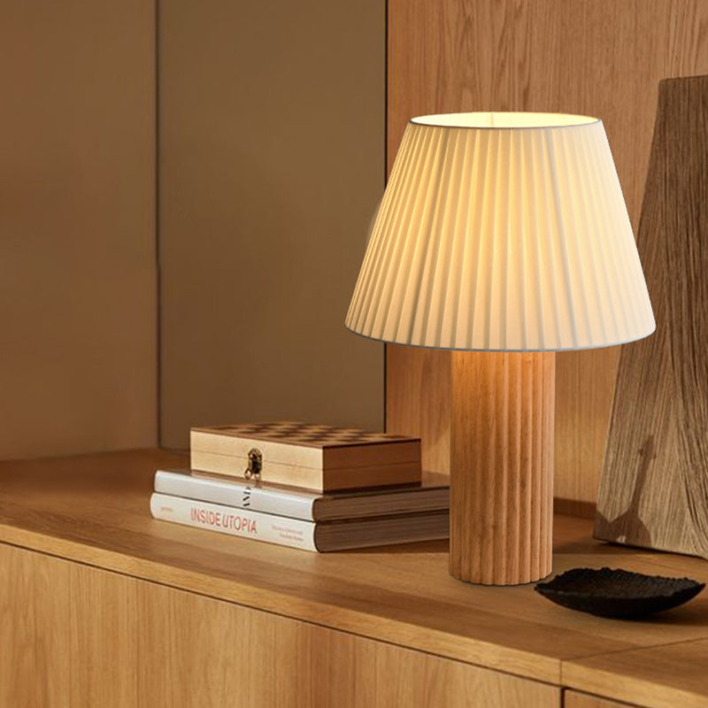 Traditional Japanese Drum Wood Fabric 1-Light Table Lamp For Living Room