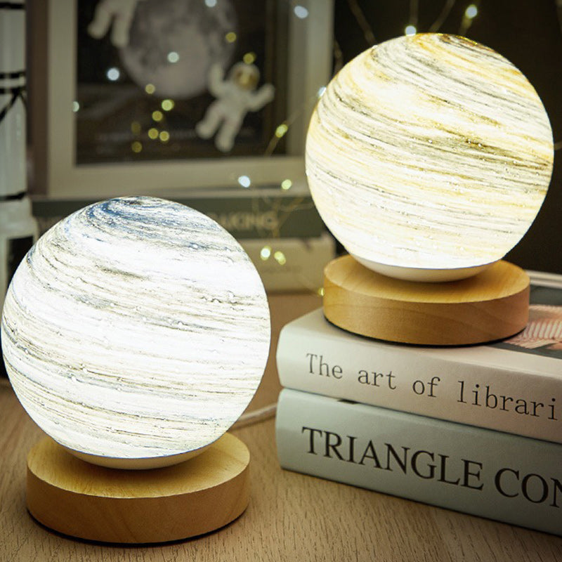 Contemporary Creative Globe Wood Glass LED Table Lamp For Living Room