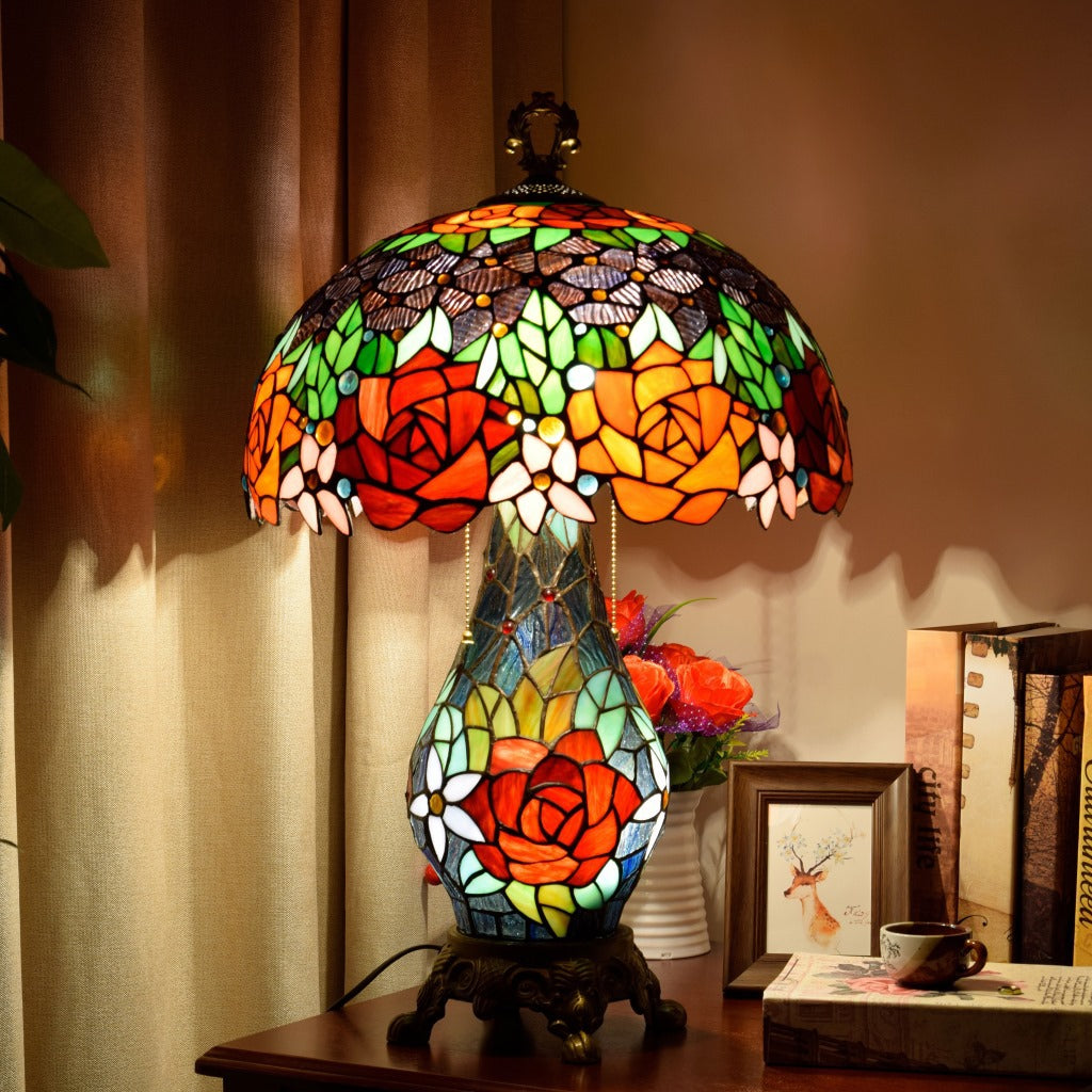 Traditional Tiffany Dome Iron Glass 2-Light Table Lamp For Living Room