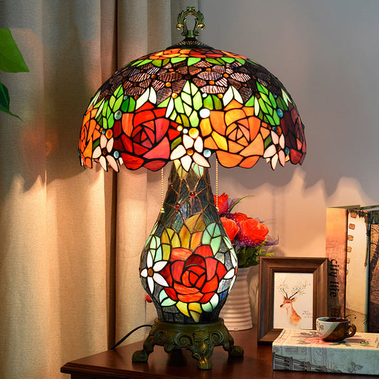 Traditional Tiffany Dome Iron Glass 2-Light Table Lamp For Living Room