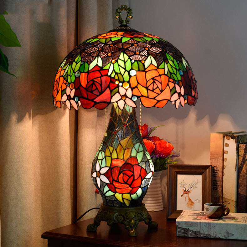 Traditional Tiffany Dome Iron Glass 2-Light Table Lamp For Living Room
