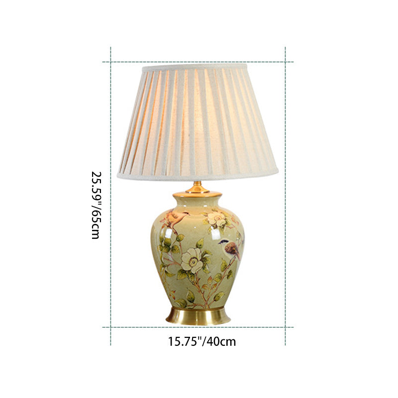 Traditional Chinese Drum Ceramic Fabric 1-Light Table Lamp For Living Room