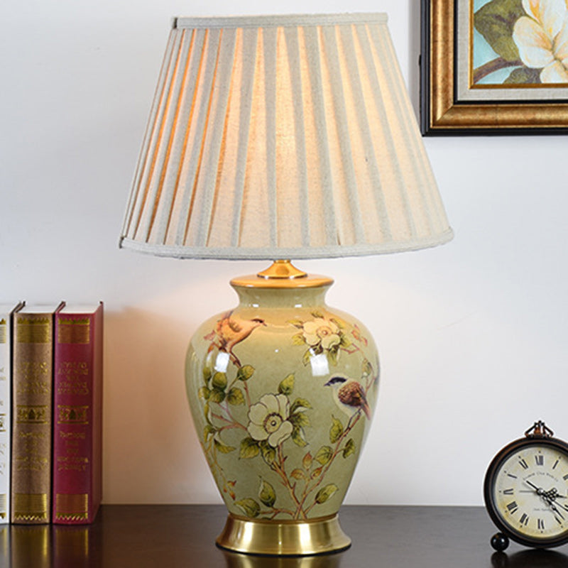 Traditional Chinese Drum Ceramic Fabric 1-Light Table Lamp For Living Room