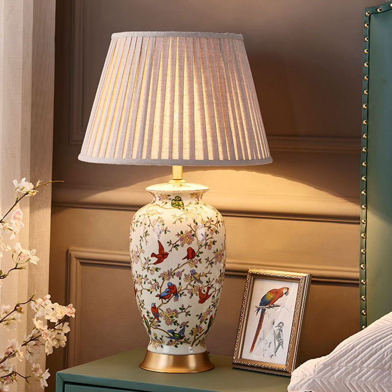 Traditional Chinese Drum Ceramic Fabric 1-Light Table Lamp For Bedroom