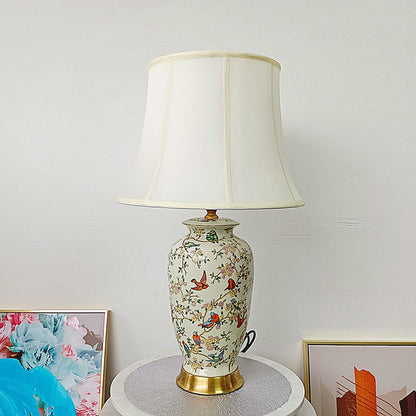 Traditional Chinese Drum Ceramic Fabric 1-Light Table Lamp For Bedroom