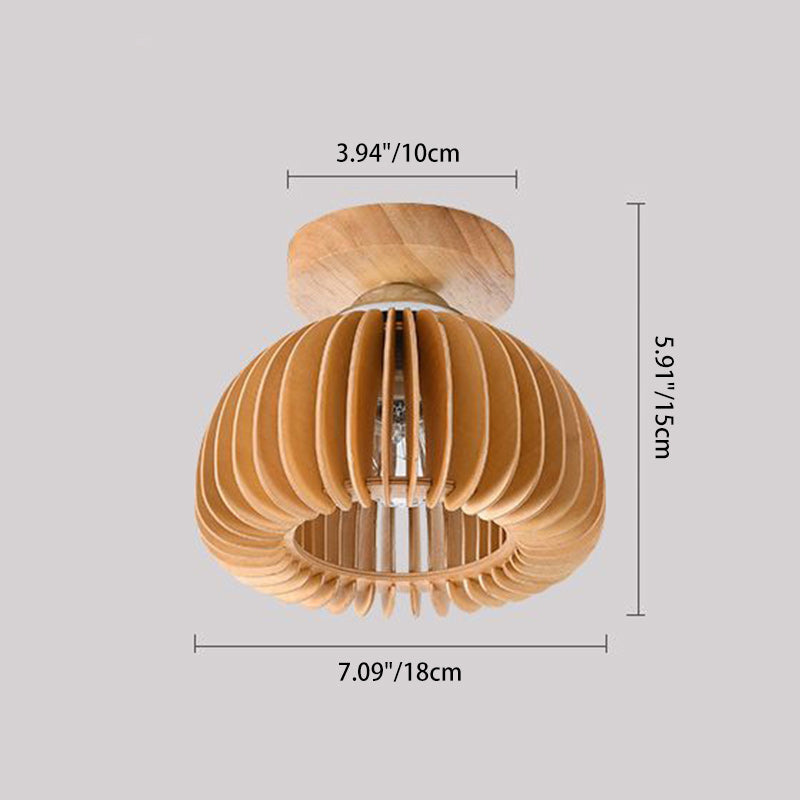 Traditional Japanese Round Iron Wood 1-Light Semi-Flush Mount Ceiling Light For Living Room