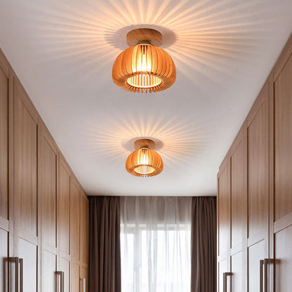 Traditional Japanese Round Iron Wood 1-Light Semi-Flush Mount Ceiling Light For Living Room