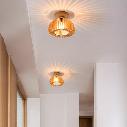 Traditional Japanese Round Iron Wood 1-Light Semi-Flush Mount Ceiling Light For Living Room