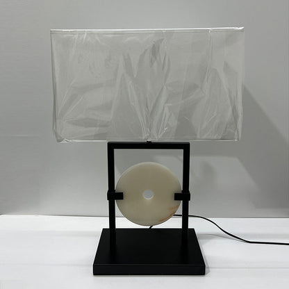 Traditional Chinese Rectangular Frame Hardware Marble Fabric 1-Light Table Lamp For Bedroom