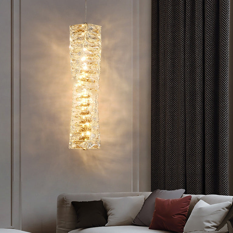 Modern Luxury Spiral Stainless Steel Crystal Cylinder LED Pendant Light For Bedroom