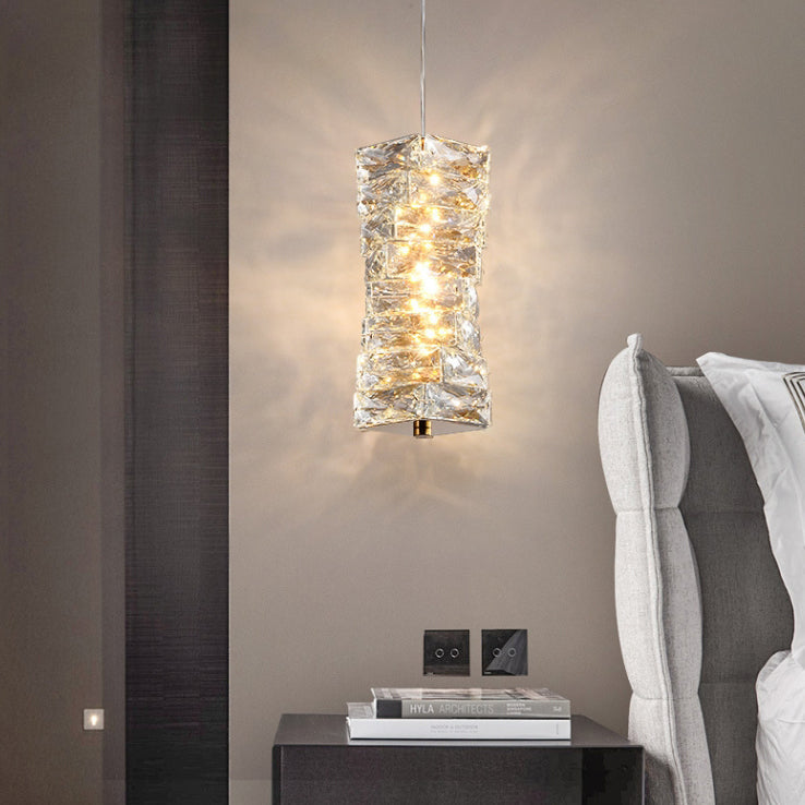 Modern Luxury Spiral Stainless Steel Crystal Cylinder LED Pendant Light For Bedroom