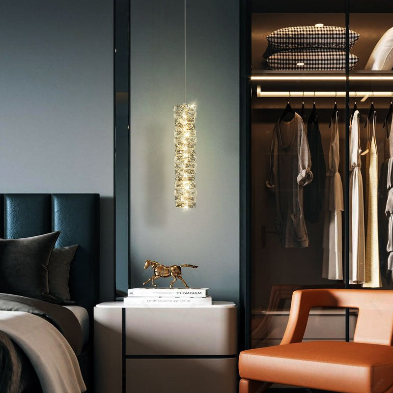 Modern Luxury Spiral Stainless Steel Crystal Cylinder LED Pendant Light For Bedroom