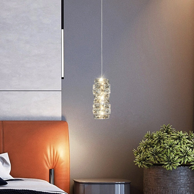 Modern Luxury Spiral Stainless Steel Crystal Cylinder LED Pendant Light For Bedroom