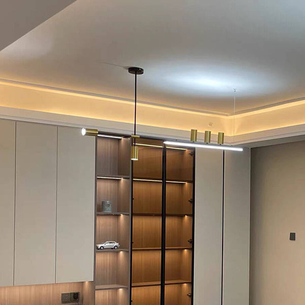 ثريات جزيرة LED ذات شريط طويل من الألومنيوم والحديد بتصميم عصري بسيط لغرفة الطعام 