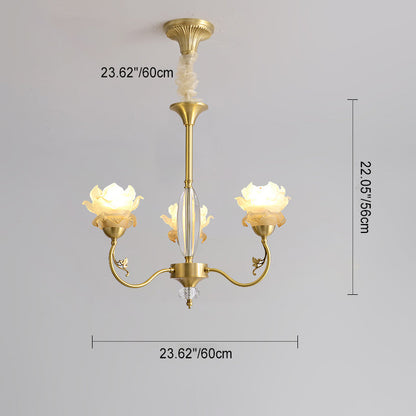 Traditional French Flower Branch Copper Glass Crystal 3/6/8 Light Chandeliers For Living Room