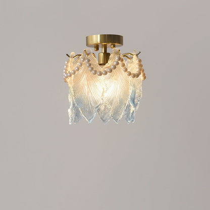 Contemporary Luxury Ribbed Leaf Pearl Iron Glass 1-Light Semi-Flush Mount Ceiling Light For Living Room