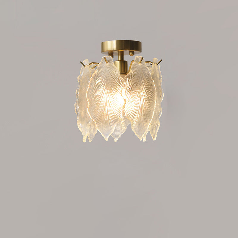 Contemporary Luxury Ribbed Leaf Pearl Iron Glass 1-Light Semi-Flush Mount Ceiling Light For Living Room