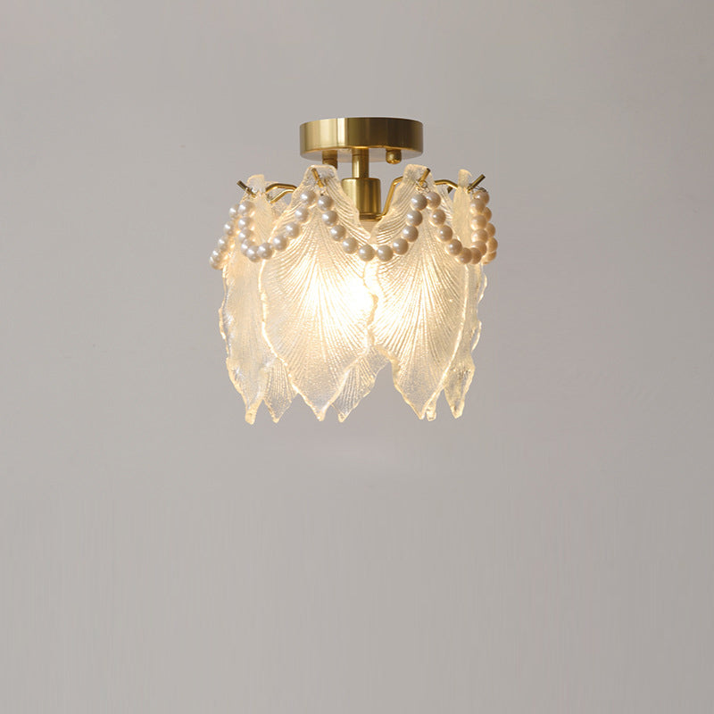 Contemporary Luxury Ribbed Leaf Pearl Iron Glass 1-Light Semi-Flush Mount Ceiling Light For Living Room