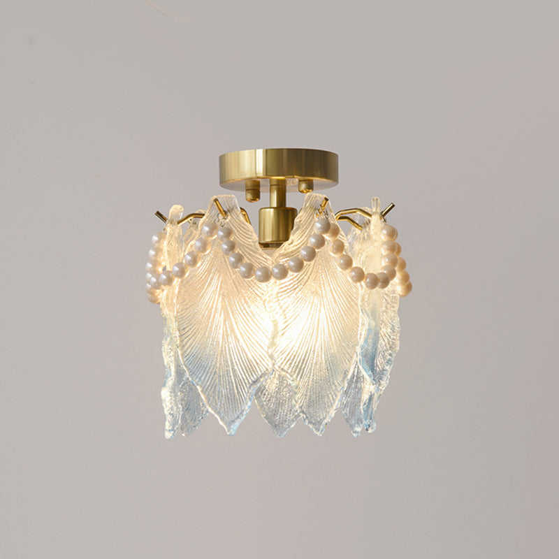 Contemporary Luxury Ribbed Leaf Pearl Iron Glass 1-Light Semi-Flush Mount Ceiling Light For Living Room