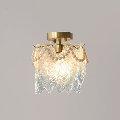 Contemporary Luxury Ribbed Leaf Pearl Iron Glass 1-Light Semi-Flush Mount Ceiling Light For Living Room