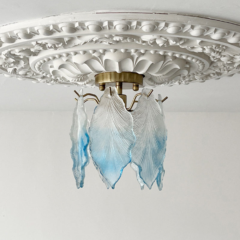 Contemporary Luxury Ribbed Leaf Pearl Iron Glass 1-Light Semi-Flush Mount Ceiling Light For Living Room