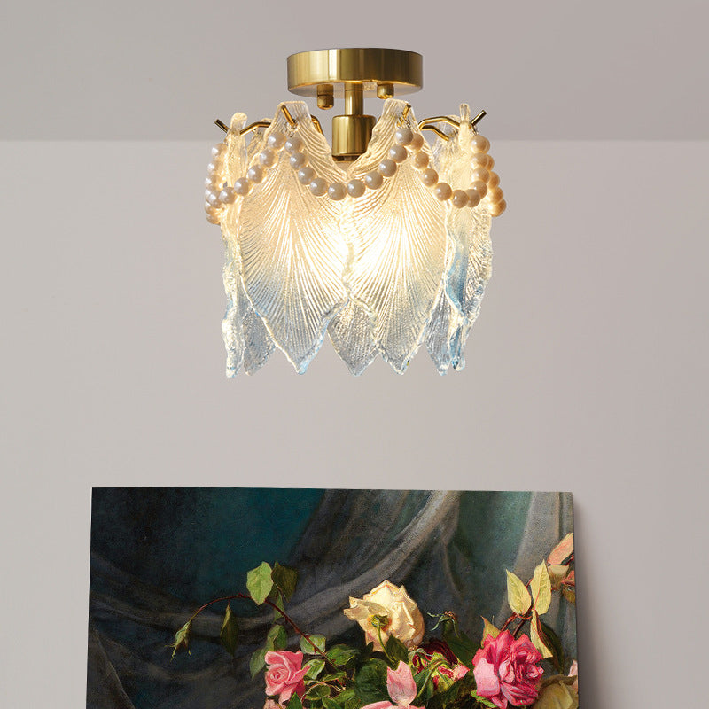 Contemporary Luxury Ribbed Leaf Pearl Iron Glass 1-Light Semi-Flush Mount Ceiling Light For Living Room