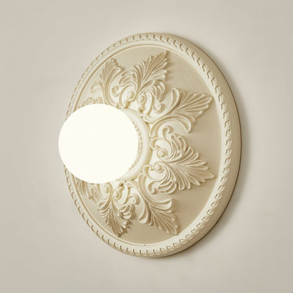 Traditional French Round Carved Resin Glass 1-Light Wall Sconce Lamp For Living Room
