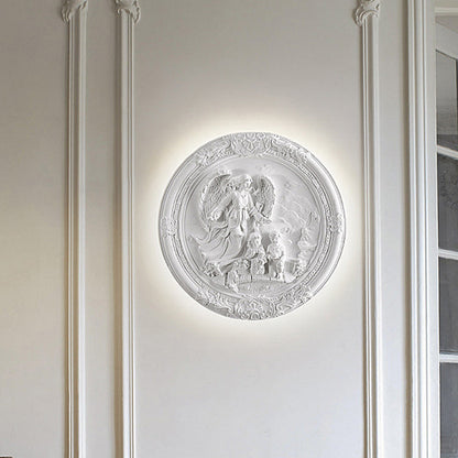 Traditional French Round Carved Angel Resin LED Wall Sconce Lamp For Living Room