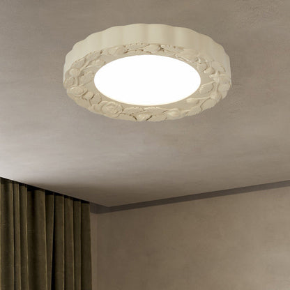 Traditional French Resin Acrylic Carved Flower Round Shade LED Flush Mount Ceiling Light For Living Room