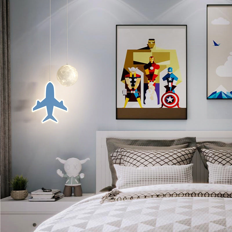 Contemporary Creative Cartoon Acrylic Airplane Cloud Moon Shade LED Kids Chandelier For Bedroom