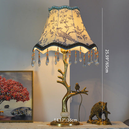 Traditional Vintage Root Base Bird Copper Fabric 1-Light Table Lamp For Bedroom