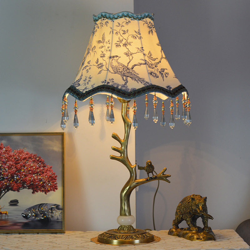 Traditional Vintage Root Base Bird Copper Fabric 1-Light Table Lamp For Bedroom