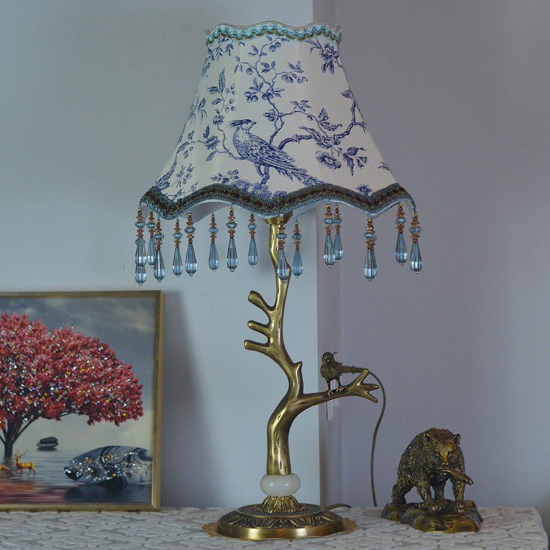 Traditional Vintage Root Base Bird Copper Fabric 1-Light Table Lamp For Bedroom