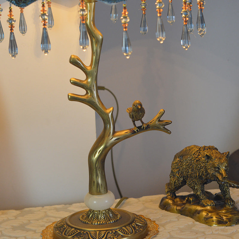 Traditional Vintage Root Base Bird Copper Fabric 1-Light Table Lamp For Bedroom