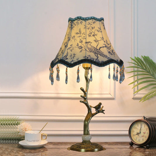 Traditional Vintage Root Base Bird Copper Fabric 1-Light Table Lamp For Bedroom