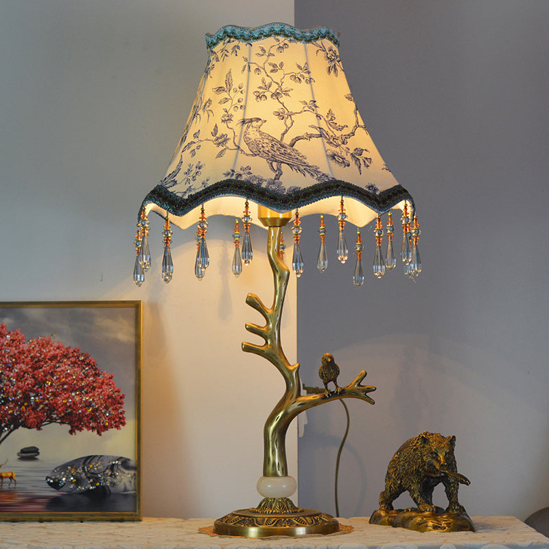 Traditional Vintage Root Base Bird Copper Fabric 1-Light Table Lamp For Bedroom