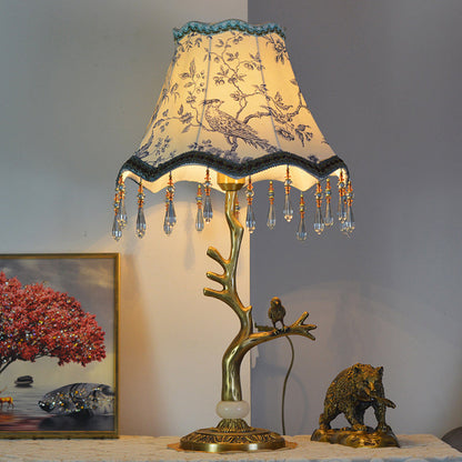 Traditional Vintage Root Base Bird Copper Fabric 1-Light Table Lamp For Bedroom