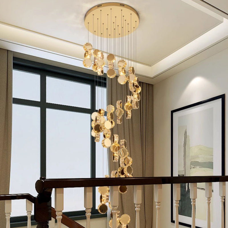 Modern Luxury Spiral Staircase Hanging Long Round Crystal Stainless Steel Loft LED Chandelier For Living Room