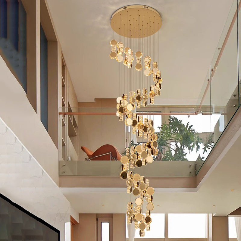 Modern Luxury Spiral Staircase Hanging Long Round Crystal Stainless Steel Loft LED Chandelier For Living Room