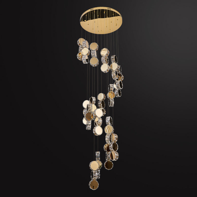 Modern Luxury Spiral Staircase Hanging Long Round Crystal Stainless Steel Loft LED Chandelier For Living Room